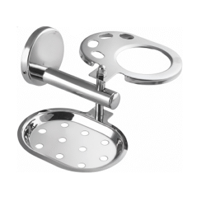 Chrome-finish wall-mounted soap tray with toothbrush/tumbler holder combo.