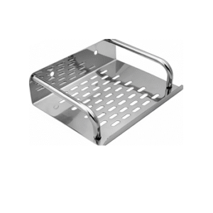 Wall-mounted stainless-steel bathroom shelf with drainage holes in chrome finish.