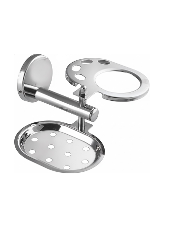 2jp-2 Chrome-finish wall-mounted soap tray with toothbrush/tumbler holder combo.