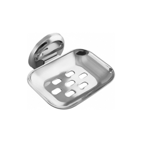 Chrome-finish single stainless-steel soap holder with drainage holes.