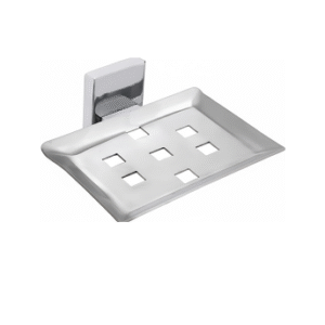 Chrome-finish single stainless-steel soap holder with drainage holes.