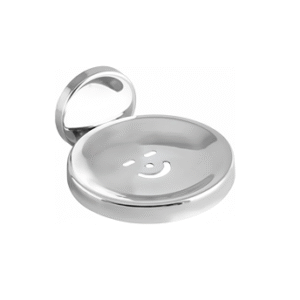 Chrome-finish single stainless-steel soap holder with drainage holes.