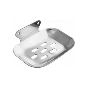 Chrome-finish single stainless-steel soap holder with drainage holes.