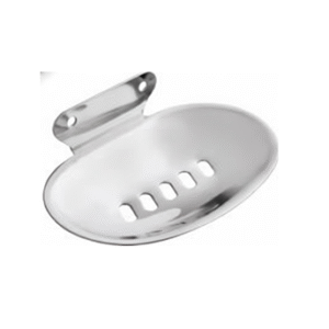 Chrome-finish single stainless-steel soap holder with drainage holes.