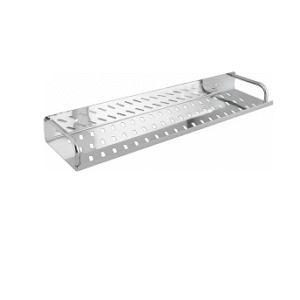 Wall-mounted stainless-steel bathroom shelf with drainage holes in chrome finish.