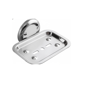 Chrome-finish single stainless-steel soap holder with drainage holes.
