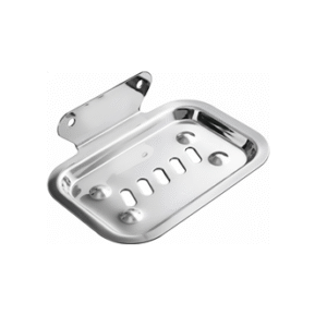 Chrome-finish single stainless-steel soap holder with drainage holes.
