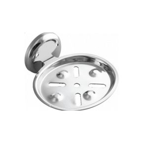 Chrome-finish single stainless-steel soap holder with drainage holes.
