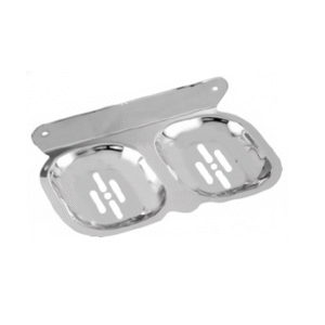 Chrome-finish double stainless-steel soap holder with drainage holes.