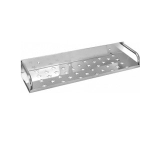 Wall-mounted stainless-steel bathroom shelf with drainage holes in chrome finish.