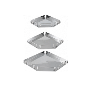 Wall-mounted stainless-steel corner bathroom shelf with chrome finish.