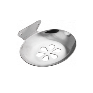 Chrome-finish single stainless-steel soap holder with drainage holes.