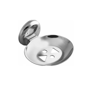Chrome-finish single stainless-steel soap holder with drainage holes.