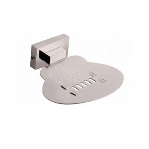 Chrome-finish single stainless-steel soap holder with drainage holes.