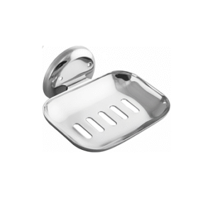 Chrome-finish single stainless-steel soap holder with drainage holes.