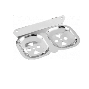 Chrome-finish double stainless-steel soap holder with drainage holes.