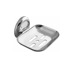 Chrome-finish single stainless-steel soap holder with drainage holes.