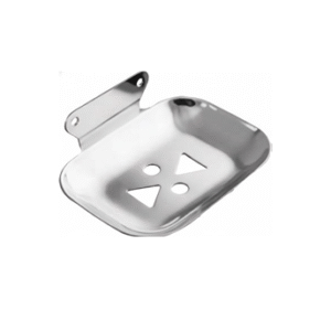 Chrome-finish single stainless-steel soap holder with drainage holes.