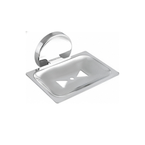 Chrome-finish single stainless-steel soap holder with drainage holes.