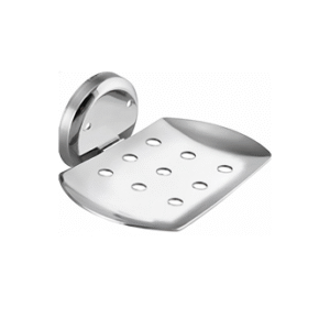 Chrome-finish single stainless-steel soap holder with drainage holes.
