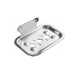 Chrome-finish single stainless-steel soap holder with drainage holes.