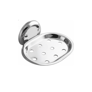 Chrome-finish single stainless-steel soap holder with drainage holes.