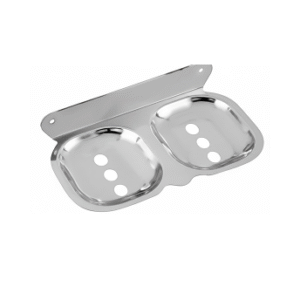 Chrome-finish double stainless-steel soap holder with drainage holes.