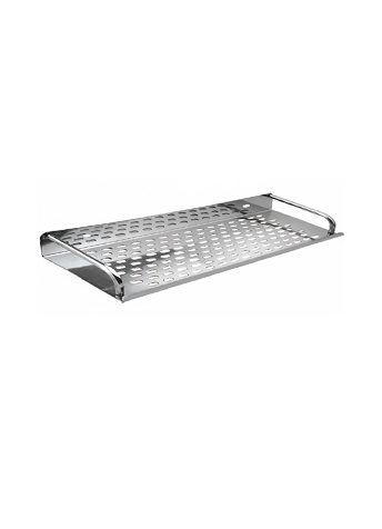 3jp Wall-mounted stainless-steel bathroom shelf with drainage holes in chrome finish.