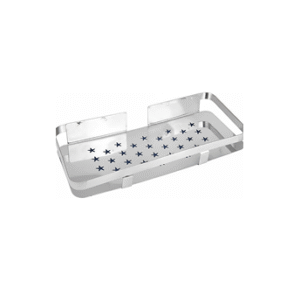 Wall-mounted stainless-steel bathroom shelf with drainage holes in chrome finish.