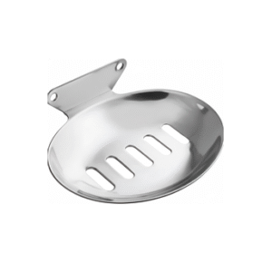 Chrome-finish single stainless-steel soap holder with drainage holes.