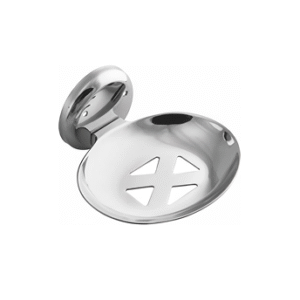 Chrome-finish single stainless-steel soap holder with drainage holes.