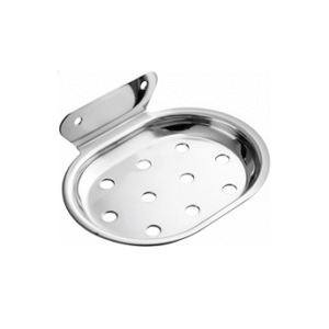 Chrome-finish single stainless-steel soap holder with drainage holes.