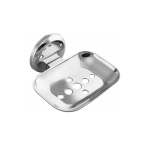 Chrome-finish single stainless-steel soap holder with drainage holes.