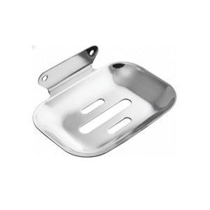 Chrome-finish single stainless-steel soap holder with drainage holes.