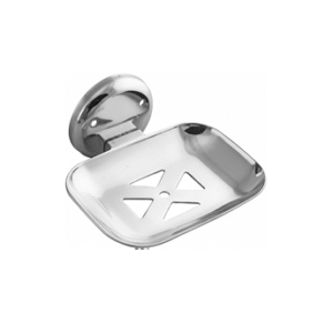 Chrome-finish single stainless-steel soap holder with drainage holes.