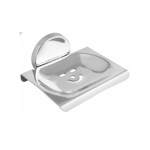Chrome-finish single stainless-steel soap holder with drainage holes.