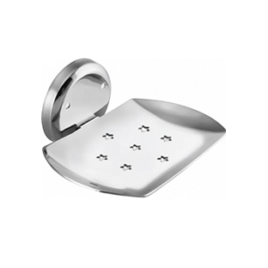 Chrome-finish single stainless-steel soap holder with drainage holes.