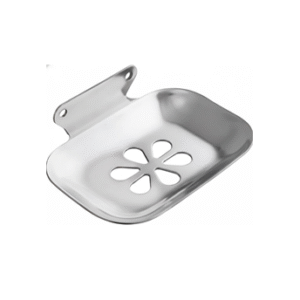 Chrome-finish single stainless-steel soap holder with drainage holes.