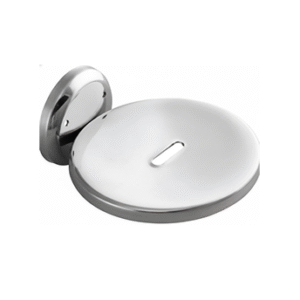 Chrome-finish single stainless-steel soap holder with drainage holes.
