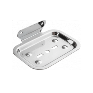Chrome-finish single stainless-steel soap holder with drainage holes.