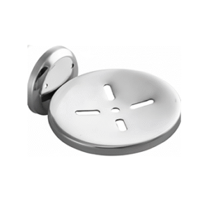 Chrome-finish single stainless-steel soap holder with drainage holes.
