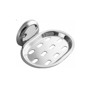 Chrome-finish single stainless-steel soap holder with drainage holes.