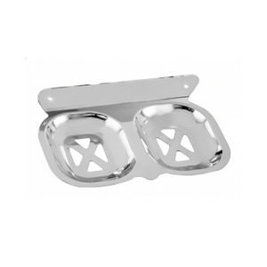 Chrome-finish double stainless-steel soap holder with drainage holes.